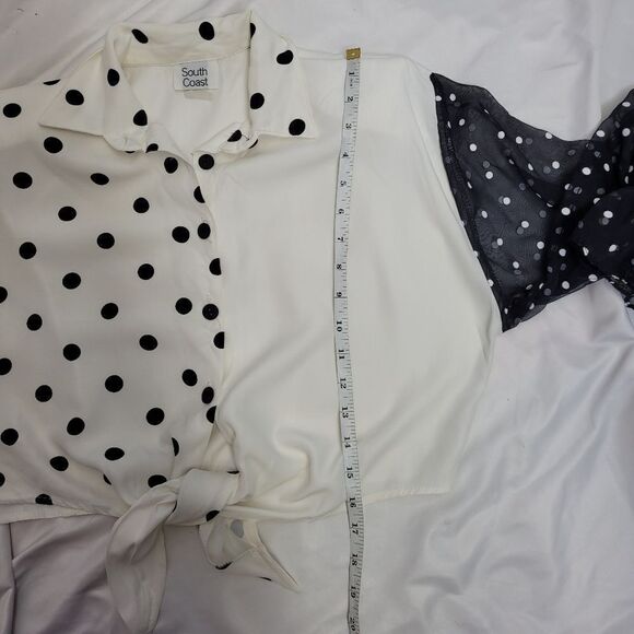 VINTAGE 90s black and white polka dot long sleeve button up tie crop top S - Picture 8 of 8